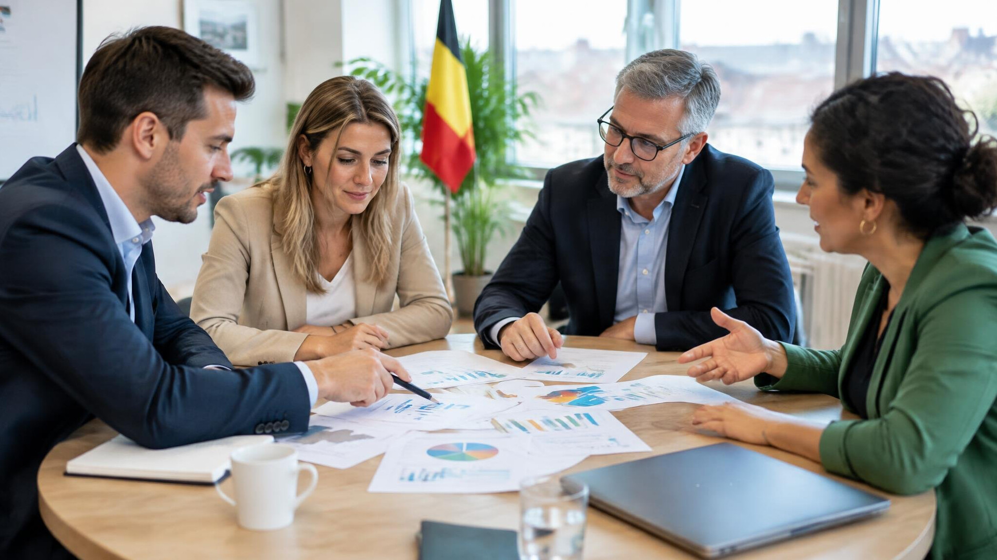 Diverse group of professionals discussing documents in a meeting room